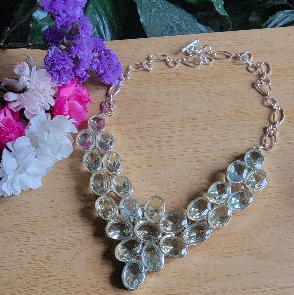 Statement  Necklace Silver Tone & Glass Cabochon